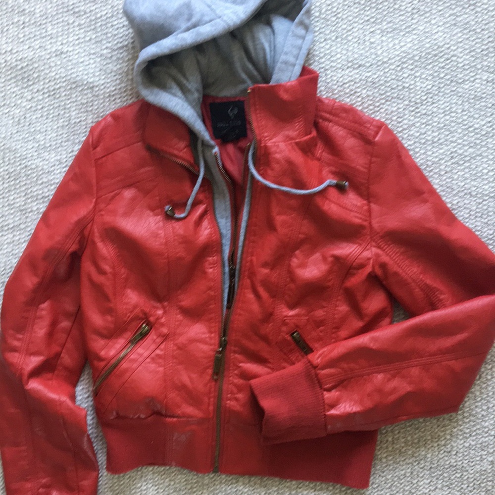 Red faux leather hooded jacket